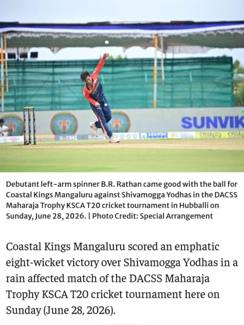 B.R. Rathan bowling for Coastal Kings Mangaluru in the Maharaja Trophy